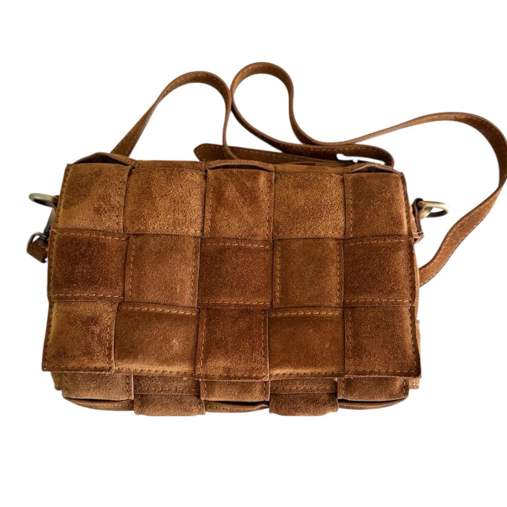 Viola Castellani Genuine Leather Cassette Bag Brown Woven Suede Crossbody Italy
